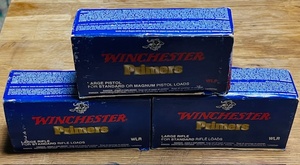 lot 213 image: Three (3) Boxes of Winchester Primers - Two Large Rifle &amp One Large Pistol Boxes