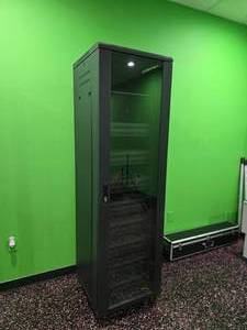 lot 82 image: Glass Front Rolling Server Cabinet