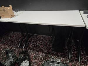 lot 142 image: White Gaming Desk w Oversize Gaming PC Rack.  Desk Measures 48 x 24 x 30
