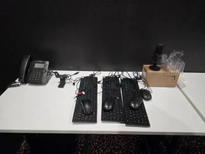 lot 143 image: Lot of Misc Electronics.  Includes KeyboardsMouse, HyperX Microphone, VOIP Phone & Webcam