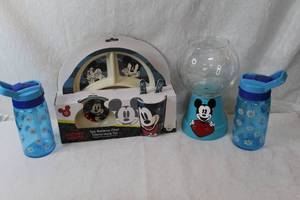 lot 70 image: 5 pc mickey mouse bamboo dinnerware set hand painted fishbowlcandy dish 2 cups