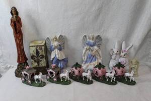 lot 73 image: mixed lot of angel figurines and Fairy Garden horse Carriages and more see pictures