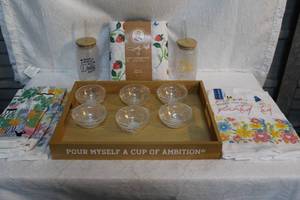 lot 88 image: Dolly Parton set and more dolly wood serving tray dolly glasses with glass straws dolly table cloth and hand towels and more see pictures