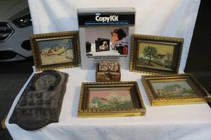 lot 216 image: Home decor and a copy kit  and a set of wood coasters