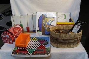 lot 218 image: Mixed lot a place value abacus, a type of counting toy and basket Chinese star game piece and more see pictures