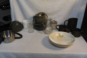 lot 221 image: Mixed lot a vintage clear glass pitcher with an embossed sailing ship design on its sides,Vintage Bromwell Cup Flour Measuring Sifter, and so much more see pictures