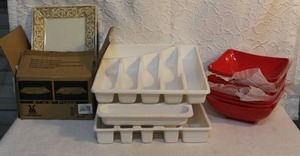 lot 8 image: Box with 12 -8x8 hard plastic plates box was sealed open for pictures 8 hard plastic bowls and 3 plastic silverware trays