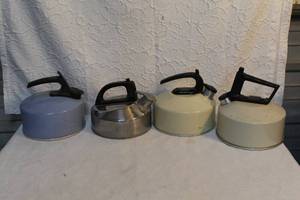 lot 15 image: 4-whistling tea kettles