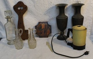 lot 16 image: Mixed lot with antique brass vases, letter opener,vintage glass cruets. Cruets are small pitchers, often used for oil or vinegar. And much more see pictures
