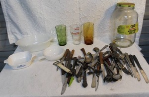 lot 18 image: Mixed lot like vintage Fire-King milk glass,antique or vintage flatware, including knives, forks, and spoons. And more see pictures