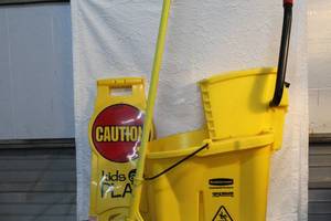 lot 136 image: Moop bucket and mop and caution kids at play sign