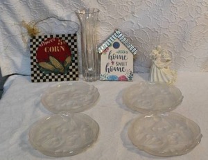 lot 186 image: 4 vintage Mikasa Bountiful frosted glass serving dish with a raised cherry design. Some home decor and more see pictures