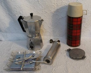 lot 168 image: Bialetti Moka Express, a stovetop espresso maker and vintage cookie press, likely a Swedish Sveico model and vintage King-Seeley Thermos vacuum bottle and more see pictures