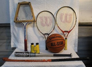 lot 149 image: Sports lot  vintage RUSHLE hockey stick,Spalding all star ball,hammer bat and more see pictures