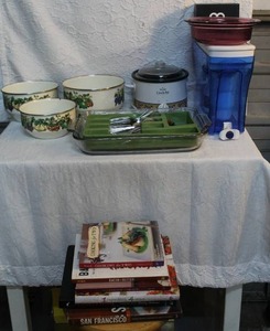 lot 266 image: Mixed lot a stack of cook books and casserole dish small Crock-Pot and set of 3-vintage Vitroceramic nesting bowls. And more see pictures