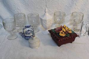 lot 277 image: vintage trinket dishes and blue and white porcelain teapot and vintage L.E. Smith milk glass candy dish with a lid, and much more see pictures