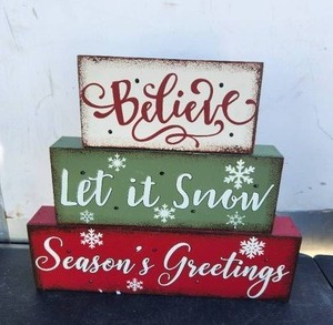 lot 3 image: Glitzhome Wooden Block Sign, Christmas Table Decorative Signage, Believe Let It Snow Seasons Greetings, 11.81 x 1.57 x 10.59 inches, MDF, Farmhouse Wood Block Decor