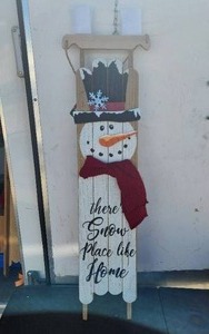 lot 17 image: Glitzhome - Snowman Wooden Welcome Sleigh Christmas Vertical Porch Sign - 43