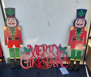 lot 59 image: Glitzhome - Set of 3 Metal Christmas Decorative Garden Stakes Decor,2 Nutcracker Yard Stakes and Merry Christmas Yard Signs