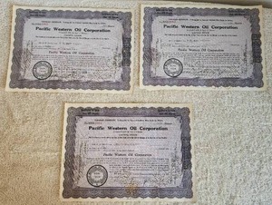 lot 37 image: Selection of vintage Pacific Western Oil Corporation - Temporary Certificates - Stamped - 1271928