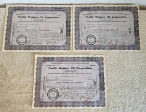 lot 113 image: Selection of vintage Pacific Western Oil Corporation - Temporary Certificates - Stamped - 12111928