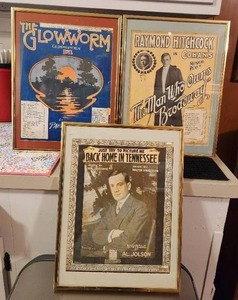 lot 88 image: Selection of 3 framed vintage music sheets - Back Home in Tennessee, The Man who owns Broadway, and The Glowworm