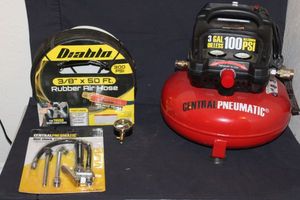 lot 10 image: Central Pneumatic 3 Gal 100 PSI Air Compressor, Diablo 50FT Rubber Air Hose Appears unused and Air Tools