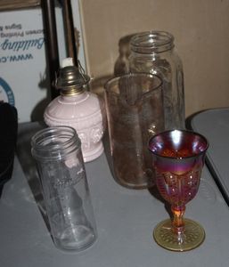 lot 402 image: Ambrosia Glass, Oil Lamp, Crackle Pitcher and More