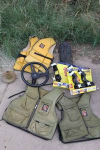 lot 219 image: Boat lot life vests, Rod holders 2 twin packs, steering wheel,