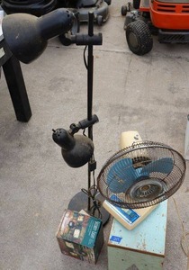 lot 249 image: Halogen security light (still in box), Floor lamp, fan and wooden step stool