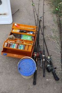 lot 218 image: Fishing lot Orange tackle box, bait bucket, and fishing rods