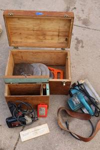 lot 244 image: Tools Wooden toolbox, Craftsman 38 drill, drill bits, leather belt, and Makita circular saw