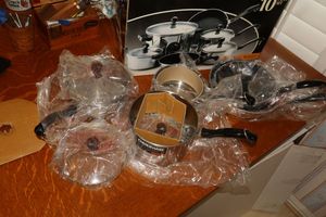 lot 14 image: Farberware stainless steel cookware set (Missing stock pot only, still in box)