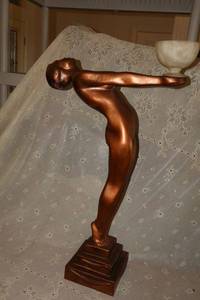 lot 55 image: Art deco bronze colored statue, 29.5H, fairly lightweight with weighted base