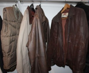 lot 127 image: Mens leather jackets, winter jacket and puffer vest, see photos