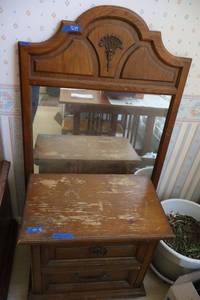 lot 49 image: Mid-century side table 26x16x24 and mirror 31.5x56