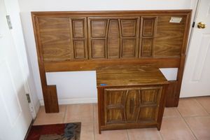 lot 83 image: Vintage bedroom side table - 24.5w x 15d x 22h and headboard #2189 pecan job. Side rails and frame in separate pictures