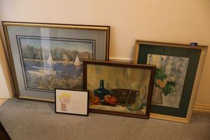 lot 89 image: Wall art still life painting, prints (one is Claude Monet) and Calvin & Hobbs drawing