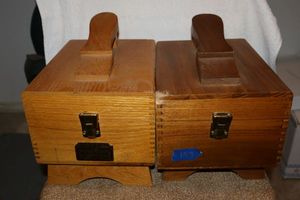 lot 157 image: Two wood shoe shine boxes with contents