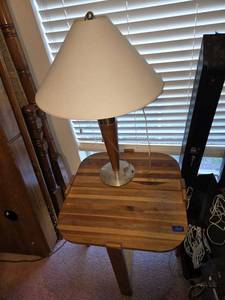 lot 105 image: Table lamp and Two half side tables (or can by pushed together to make one)