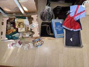 lot 124 image: Misc. Christmas decor, clothes, small Coca-Cola bears, cookie jar, winter boots and more