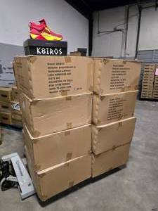 lot 24 image: Pallet of NEW K8IROS (Spencer Dinwiddle) Mark II RedYellow Mens Shoes.  10 Pairs of Shoes Per Box.  QUANTITY 16 BOXES PER PALLET  BID IS TIMES THE QUANTITY SO YOU ARE BIDDING PER BOX