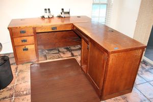 lot 21 image: L-shaped desk (solid wood, minor cosmetic needs) - center desk 64w x 25.5d x 29h, side desk 48w x 21d x 29h