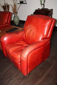 lot 53 image: Red leather chair recliner - 37w x 38d x 39h