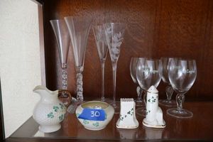 lot 30 image: Irish glassware lot Carrigaline Pottery shakers, Irish Coffee goblets, Belleek Fermanach creamer and sugar bowl, and champagne flutes