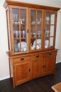 lot 2 image: European Wood Classics Solid oak China cabinet only - 60w x 15.5d x 47.5 hutch, 61w x 20.5d x 34h base