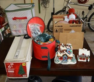 lot 184 image: Christmas decorations 6ft. Tree, lights, ornaments, village houses, and gift tinsboxes