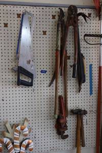 lot 174 image: Yard Branch trimmers, hand saws, crow bar, wrenches and hammers
