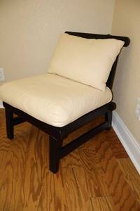 lot 222 image: Wooden black finish chair with white cushions