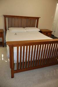 lot 5 image: Mission style Solid oak queen size bed frame only - 69.5w x 51h Headboard